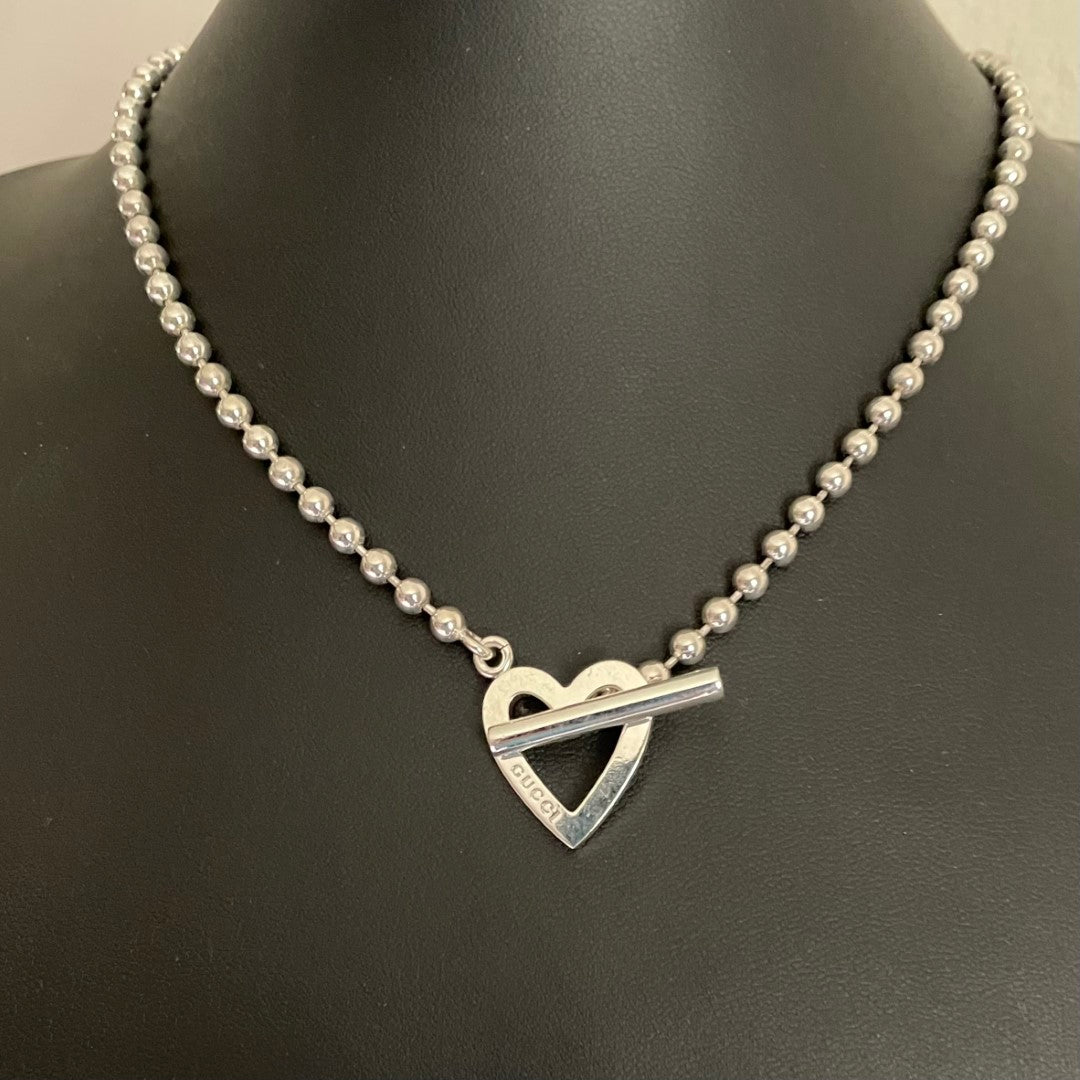 Gucci Sterling Silver Boule Chain Necklace with Heart Toggle