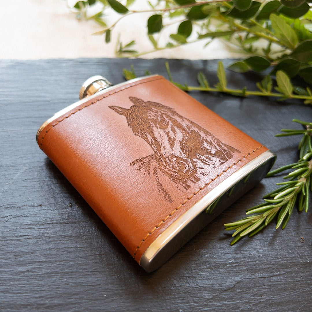 Engraved Leather Hip Flask - Horse
