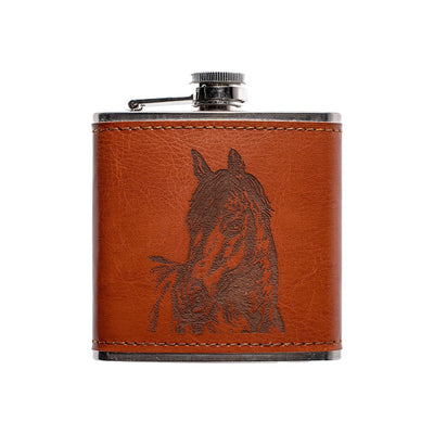 Engraved Leather Hip Flask - Horse Portrait