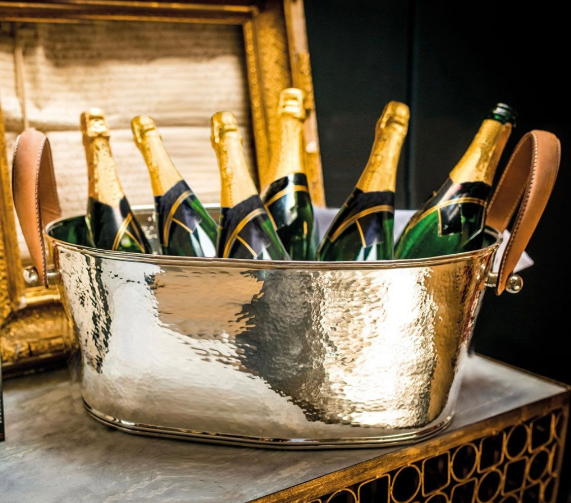 Champagne Bath with Leather Handles, Large | Hammered Nickel Plate Wine Cooler