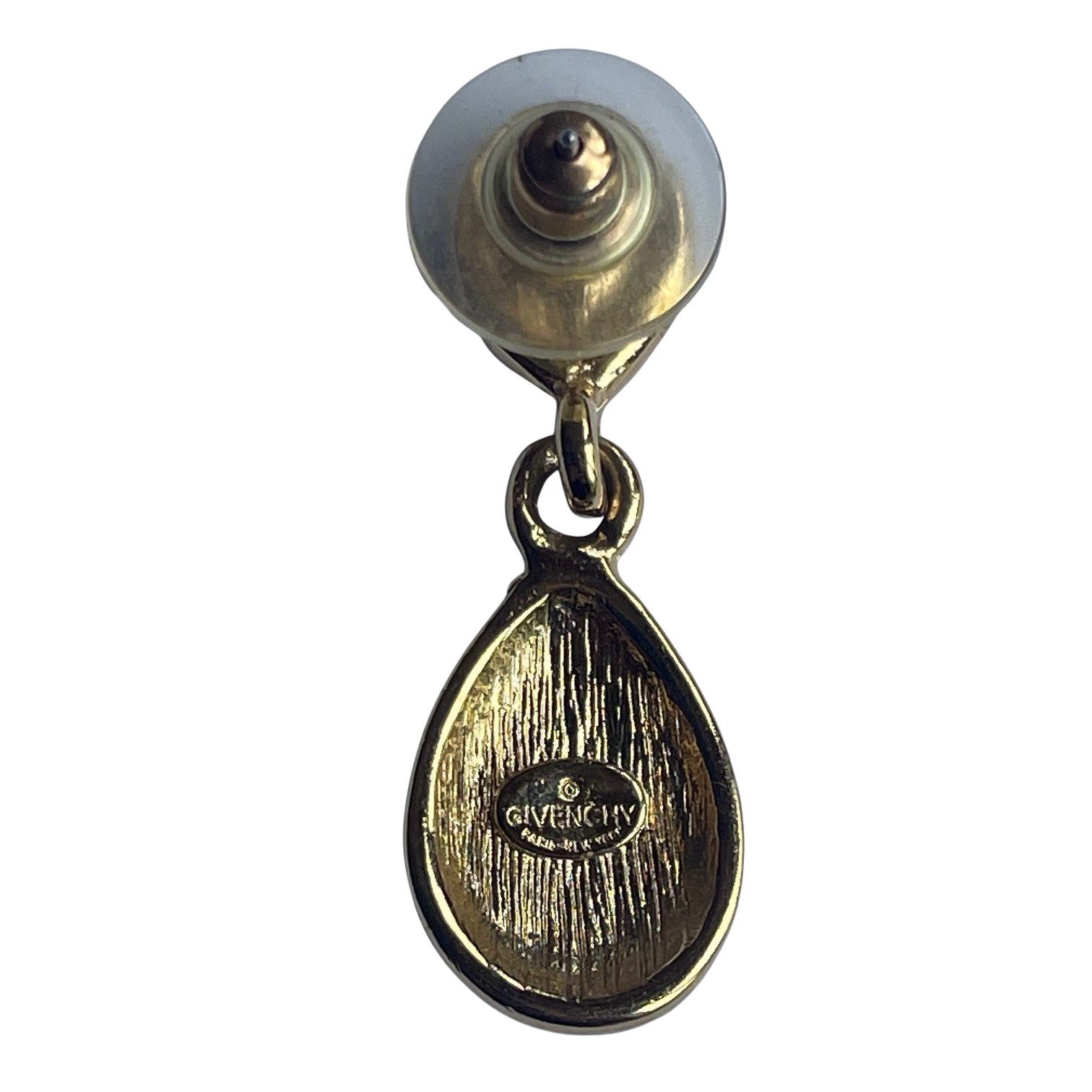 vintage Givenchy gold teardrop dangle clip-on earring showing Givenchy logo