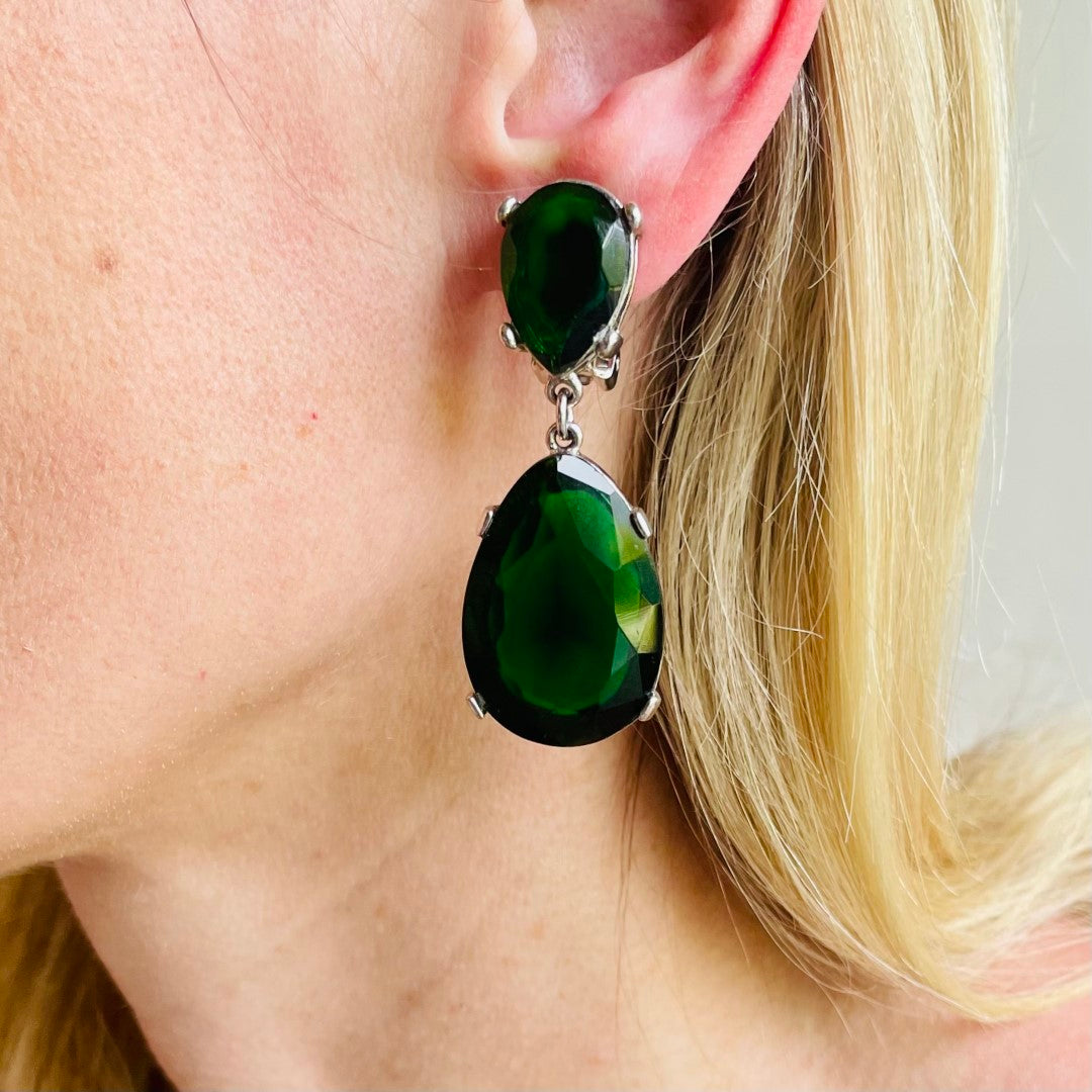 Vintage Kenneth Jay Lane Emerald-Crystal Drop Clip Earrings