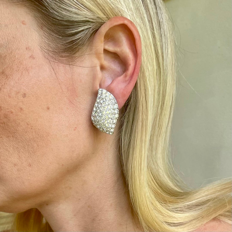 A Pair of Vintage Leaf Clip Earrings with Clear Crystals