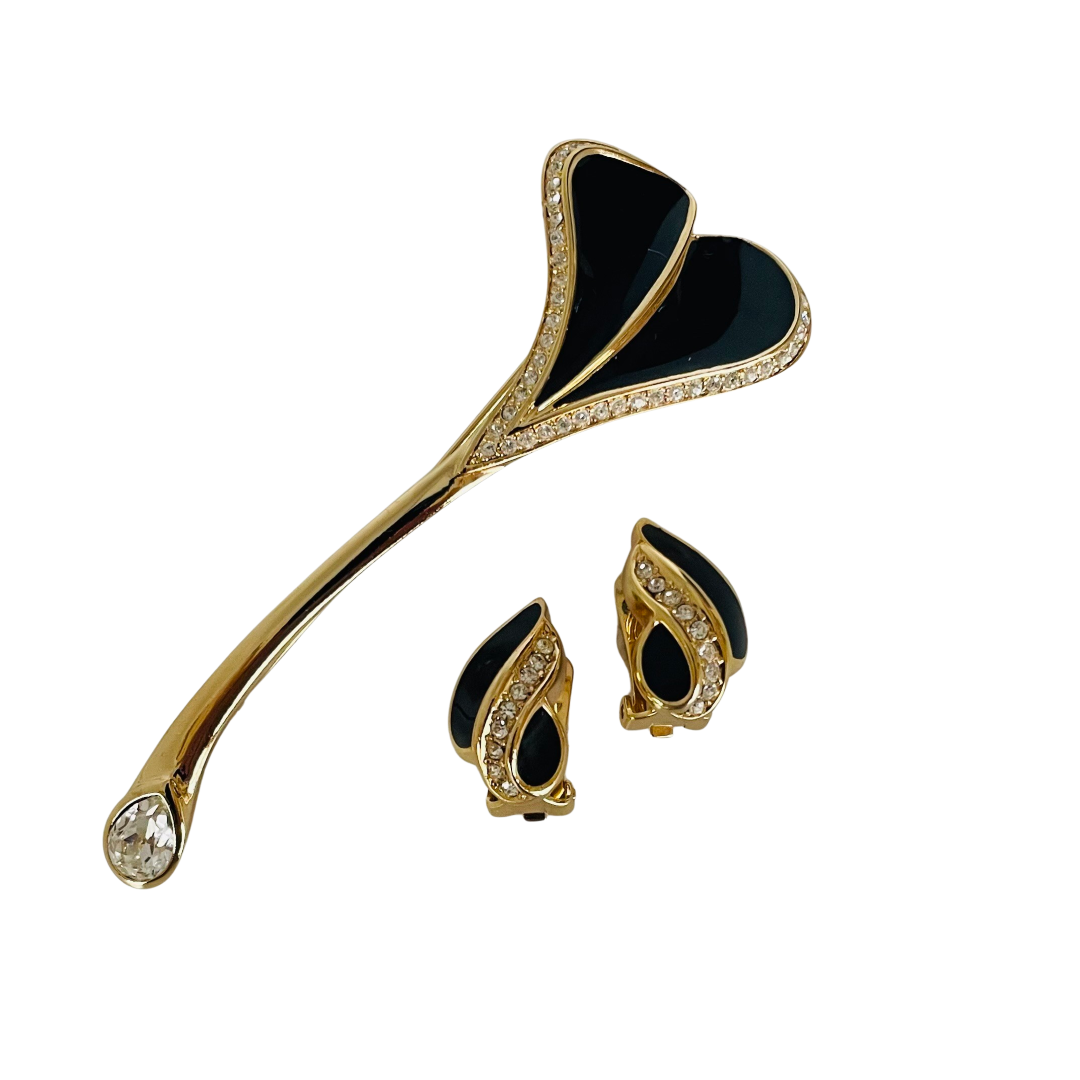 Vintage Christian Dior Pavé Crystal Brooch with Enamel Inlay