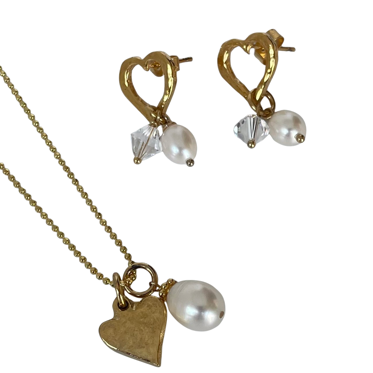 Gold-Plated Heart Stud Earrings with Crystal and Pearl