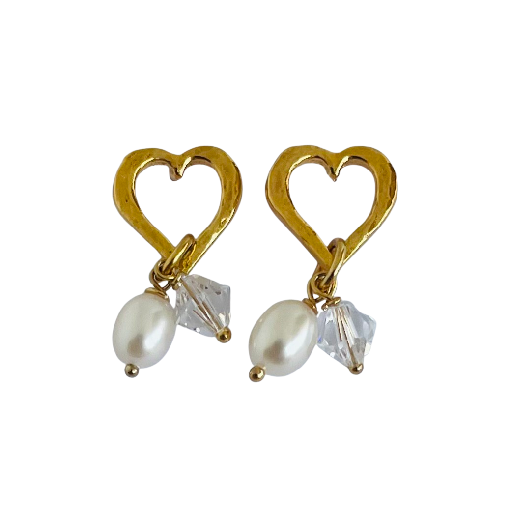 Gold-Plated Heart Stud Earrings with Crystal and Pearl