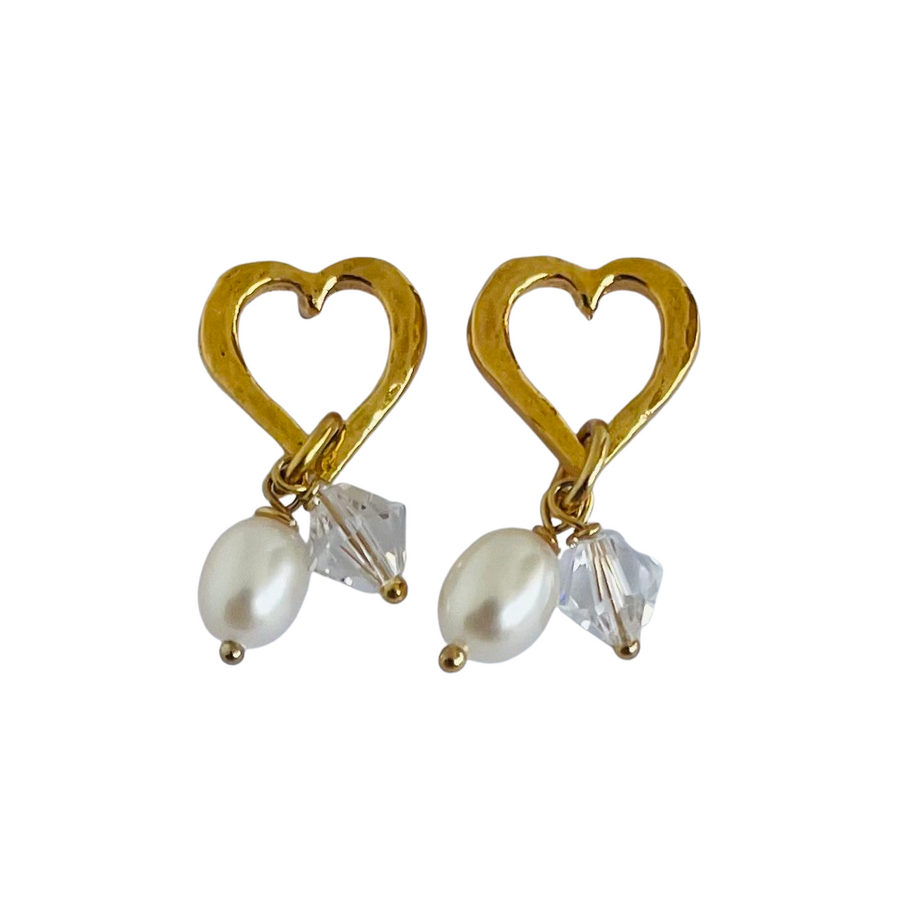 Gold-Plated Heart Stud Earrings with Crystal and Pearl