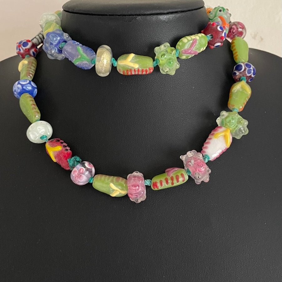 Antique Venetian Glass Trade Bead Long Necklace - Millefiori, Wedding Cake & Chevron