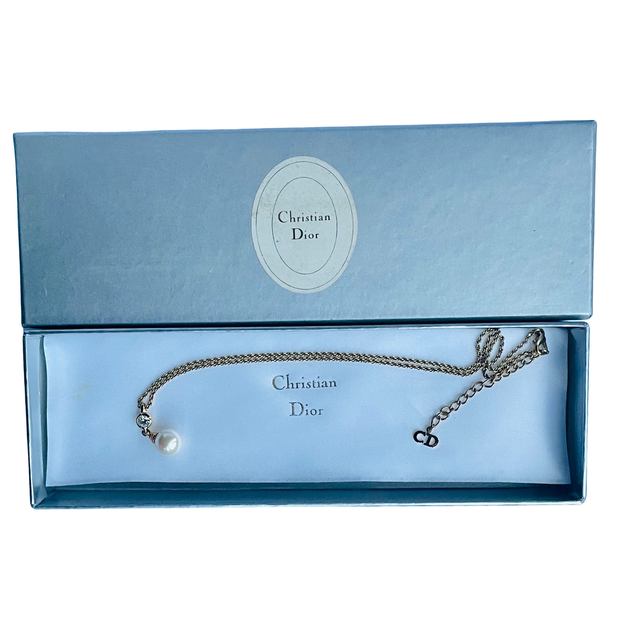 Christian Dior Vintage Necklace with Drop Faux Pearl in Original Box