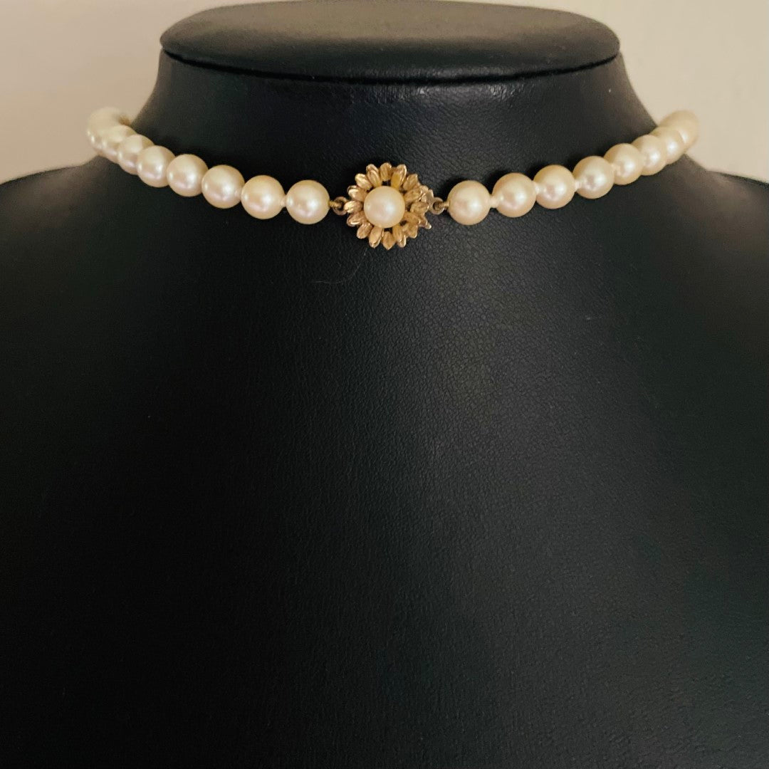 Vintage Faux Pearl Necklace Sterling Silver 925 Gilt Flower Clasp