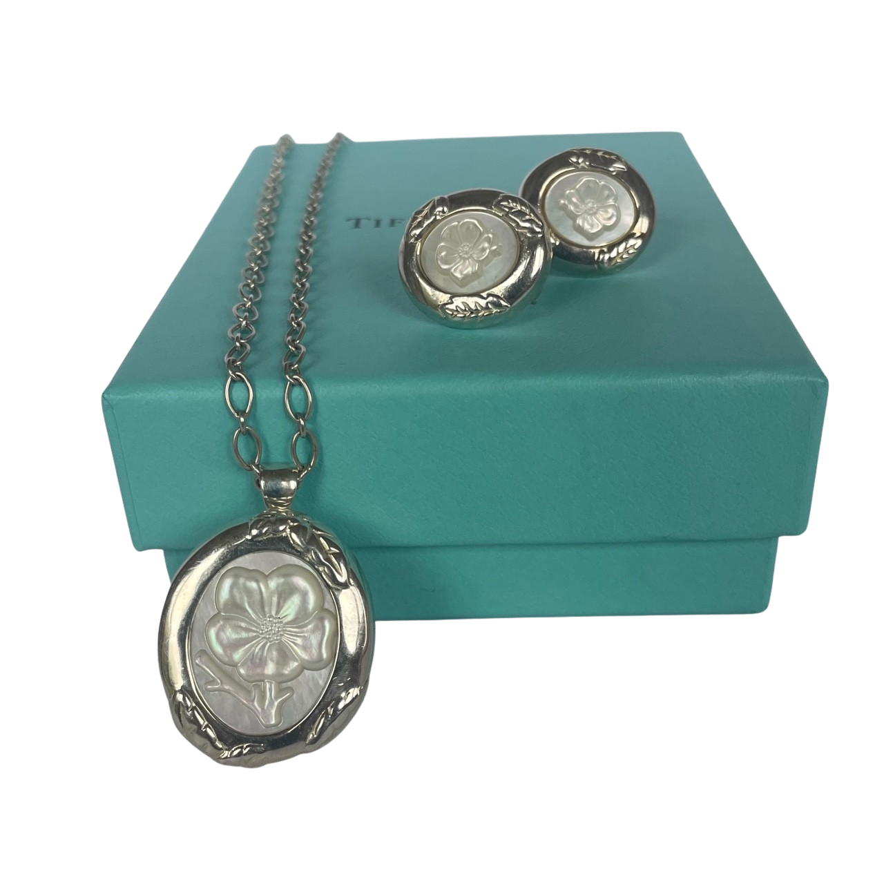 Rare Tiffany & Co. Nature Rose Sterling Silver Pearl Cameo Necklace/Brooch and Earrings, 2003