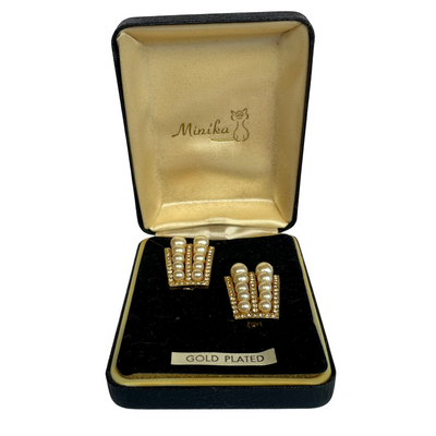 Vintage Minika Faux Pearl Gold-Plated Clip On Earrings, Original Box, 1960s/70s