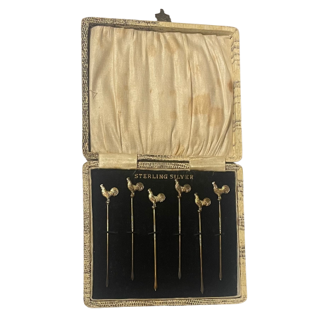 Boxed Set of Sterling Silver Cockerel Cocktail Sticks, Art Deco Period