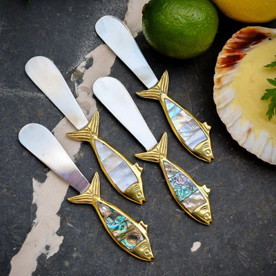 Set of Four Fish Butter Knives with Mother of Pearl Inlay