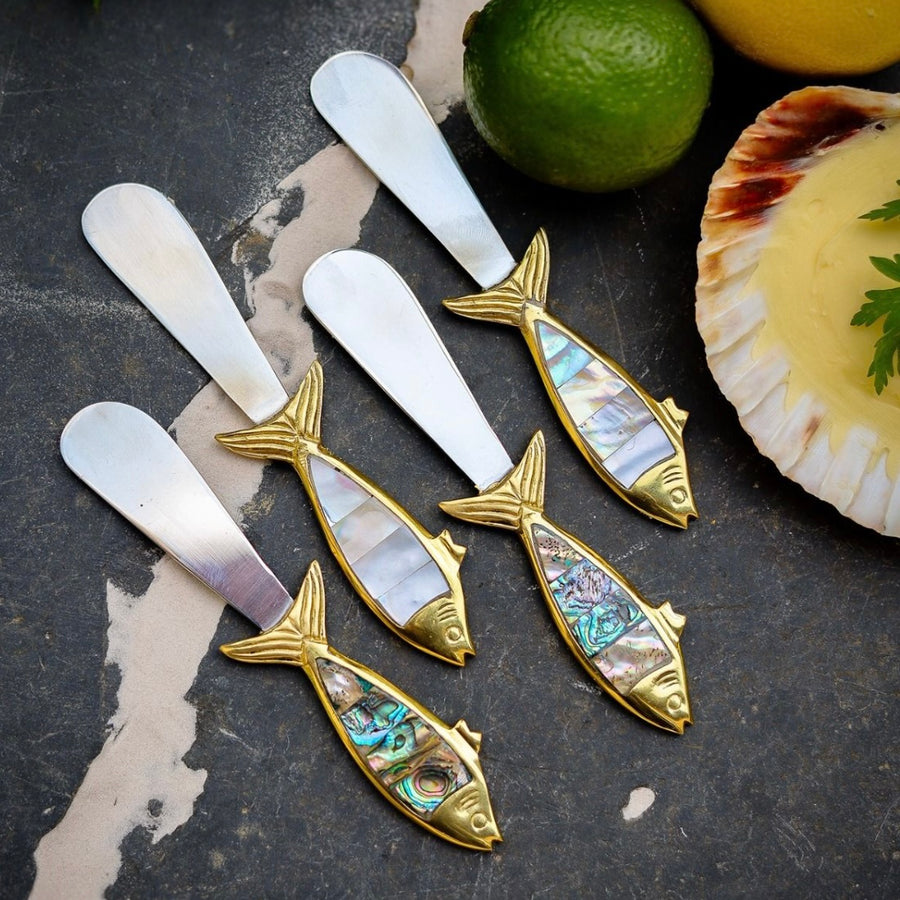 Set of Four Fish Butter Knives with Mother of Pearl Inlay