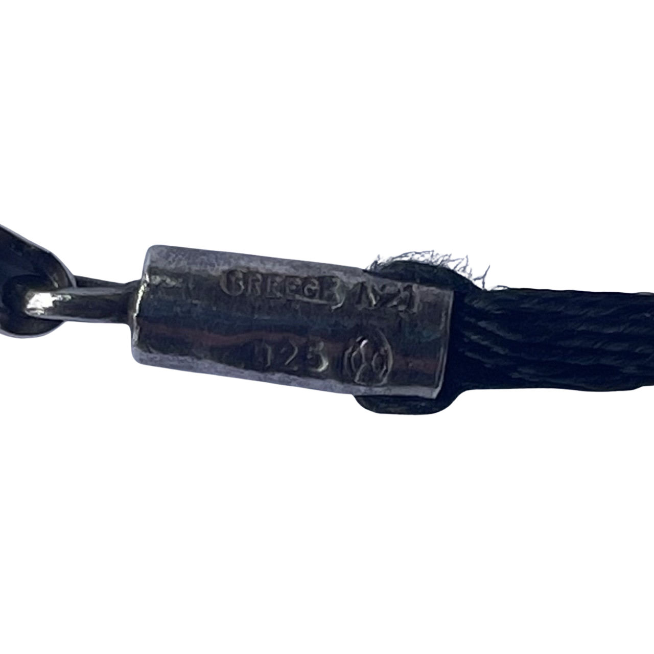 Detailed view of the sterling silver lobster clasp and end-caps stamped with GREECE, 925, and the official A21 Lalaounis workshop mark inside a cartouche.