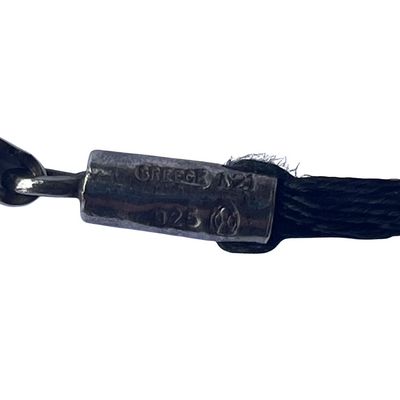 Detailed view of the sterling silver lobster clasp and end-caps stamped with GREECE, 925, and the official A21 Lalaounis workshop mark inside a cartouche.