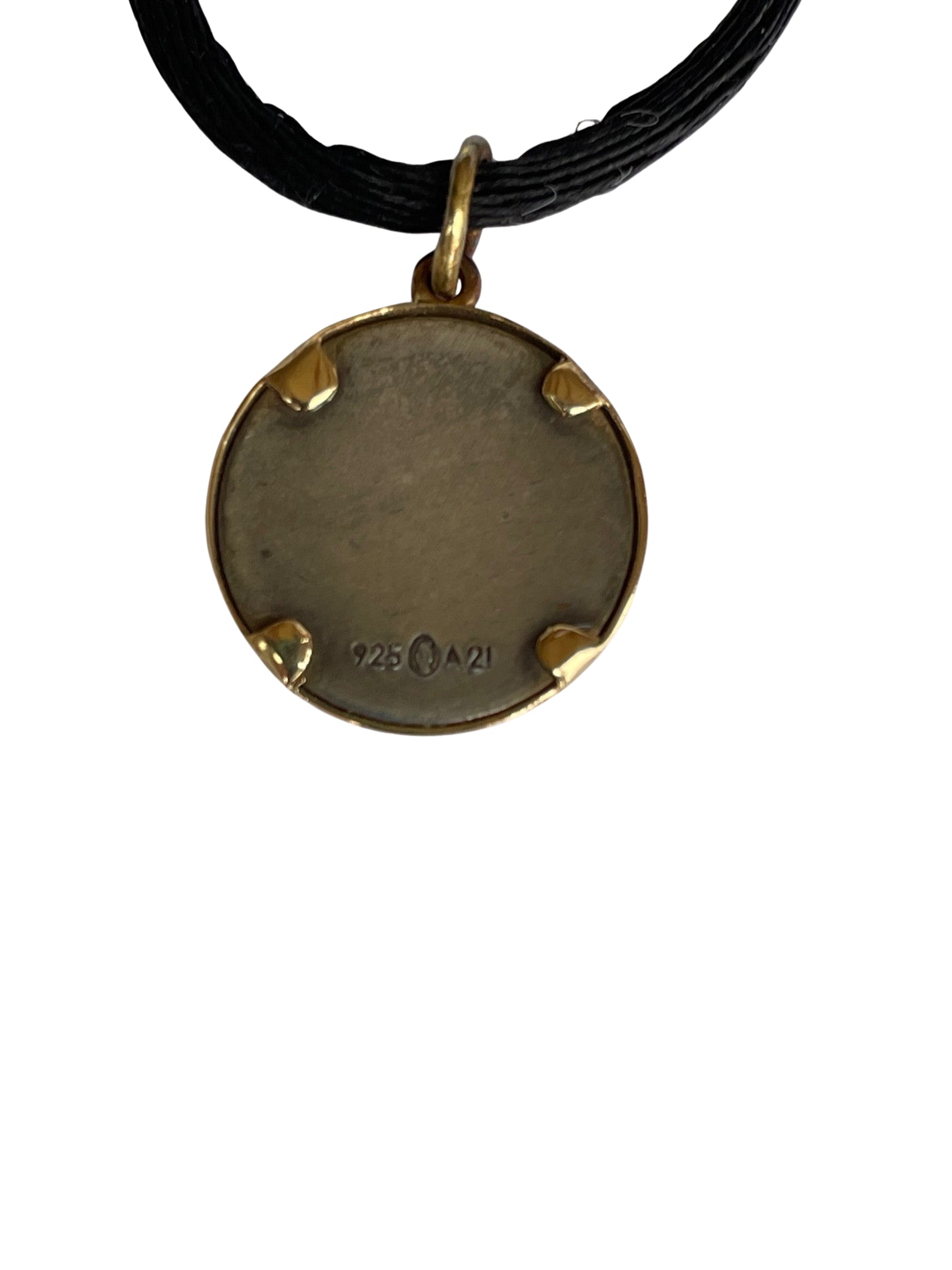 Close-up of the reverse side of a vintage Ilias Lalaounis pendant showing crisp 925 sterling silver purity stamps and the official A21 Athens workshop maker's mark.