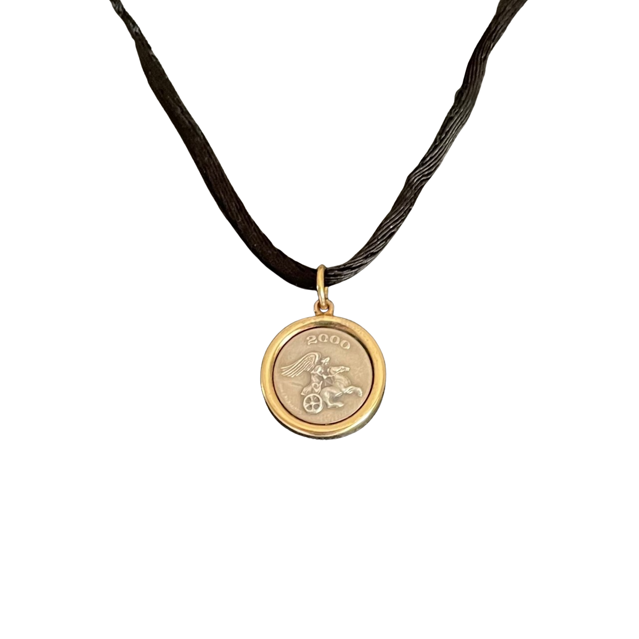 Pristine vintage Ilias Lalaounis necklace showing a 1.6cm 925 sterling silver detailed pendant with an 18K yellow gold border bezel on a 42cm black fabric cord.