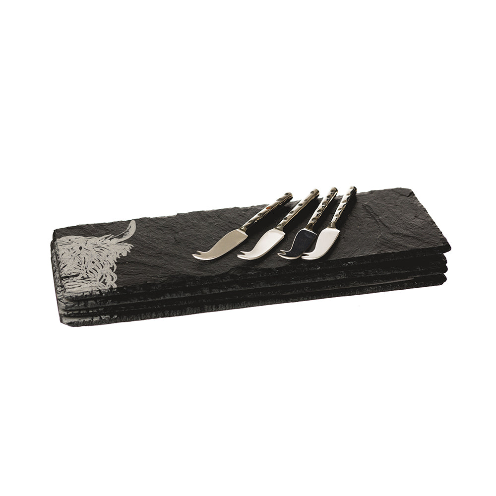 Set of 4 Highland Cow Mini Slate Cheese Board & Knife Set