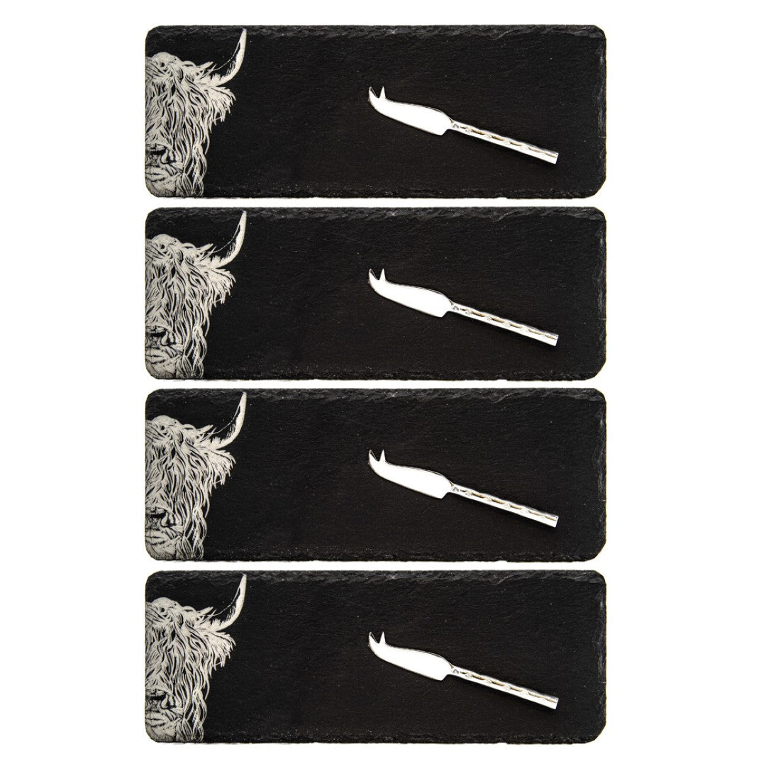 Set of 4 Highland Cow Mini Slate Cheese Board & Knife Set