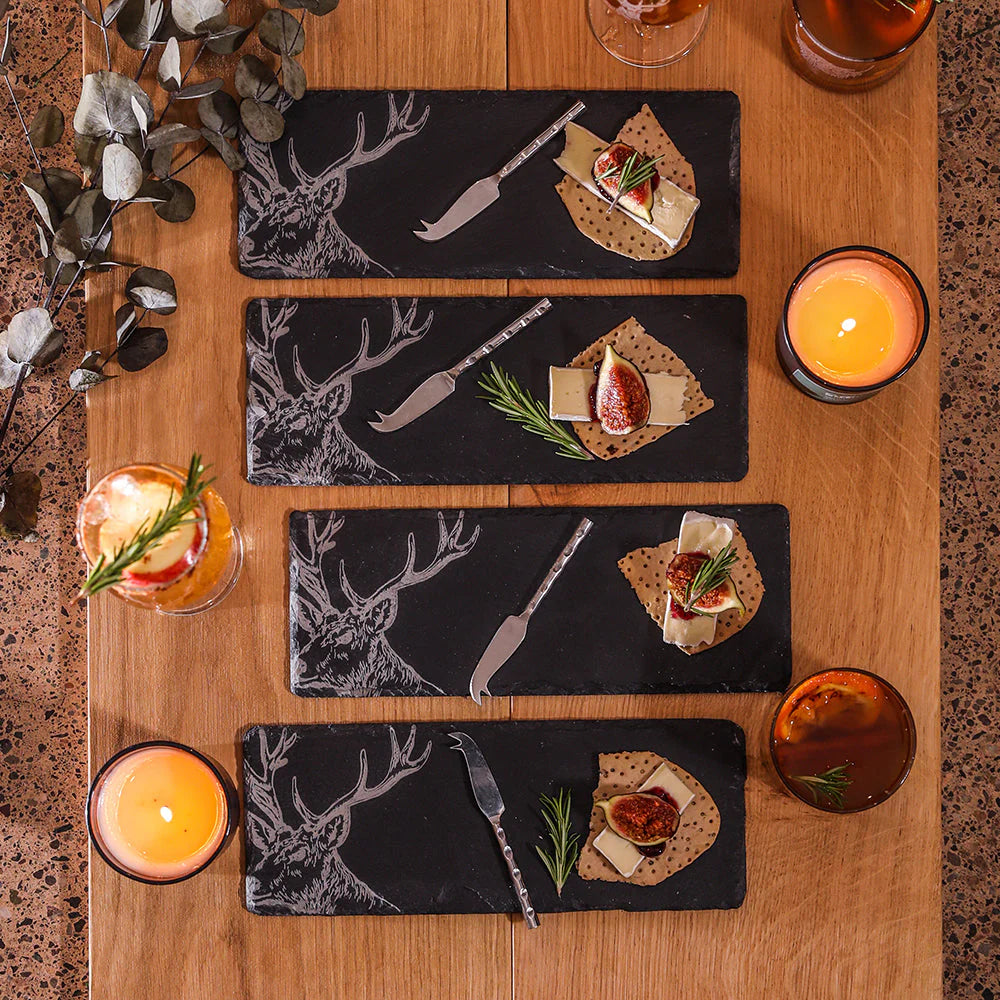 Set of 4 Stag Mini Slate Cheese Board & Knife Set