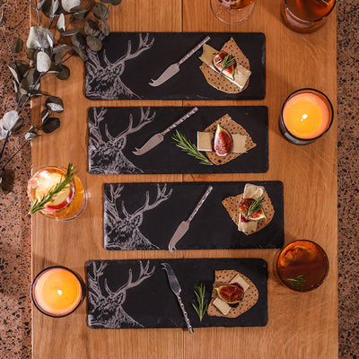Set of 4 Stag Mini Slate Cheese Board & Knife Set