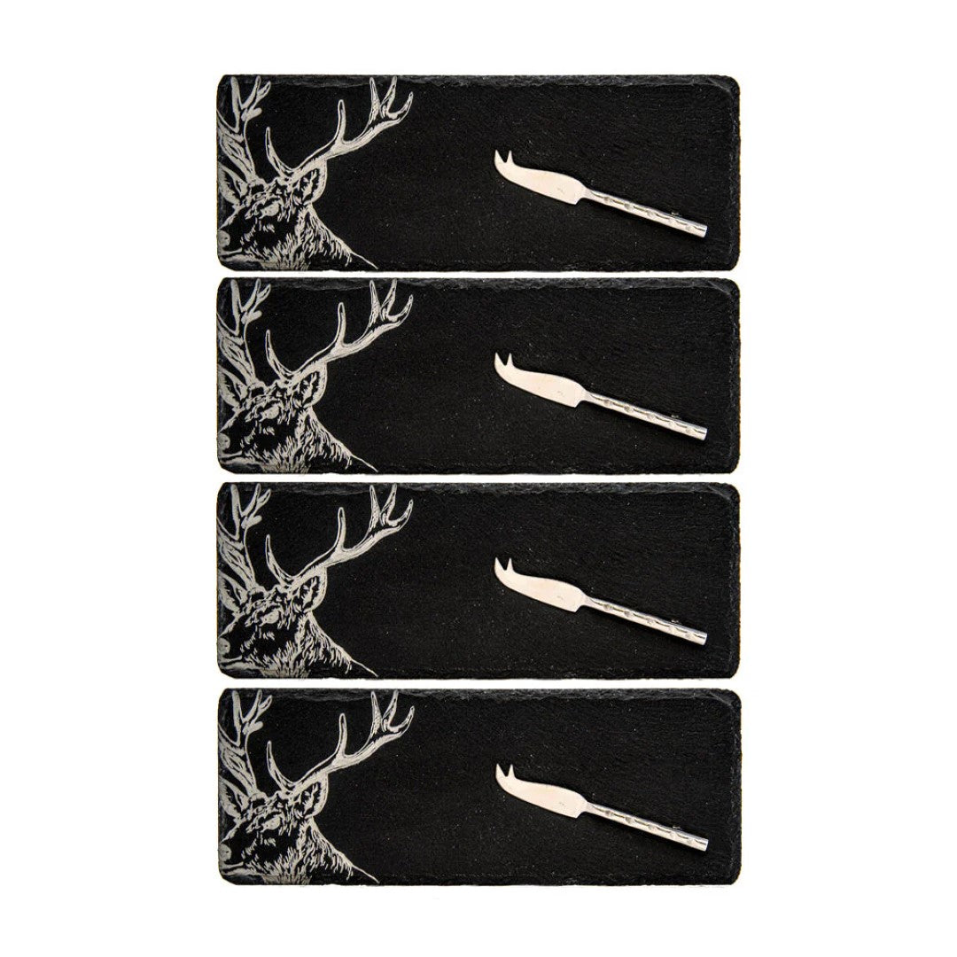 Set of 4 Stag Mini Slate Cheese Board & Knife Set
