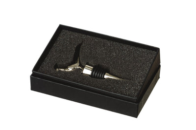 A stainless steel bottle stopper with a beautifully detailed pheasant head in its gift box