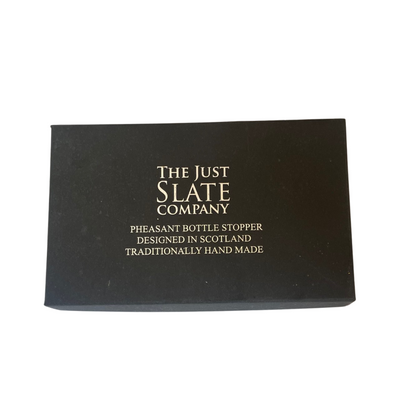 Just Slate box containing a stainless steel bottle stopper with a beautifully detailed pheasant head
