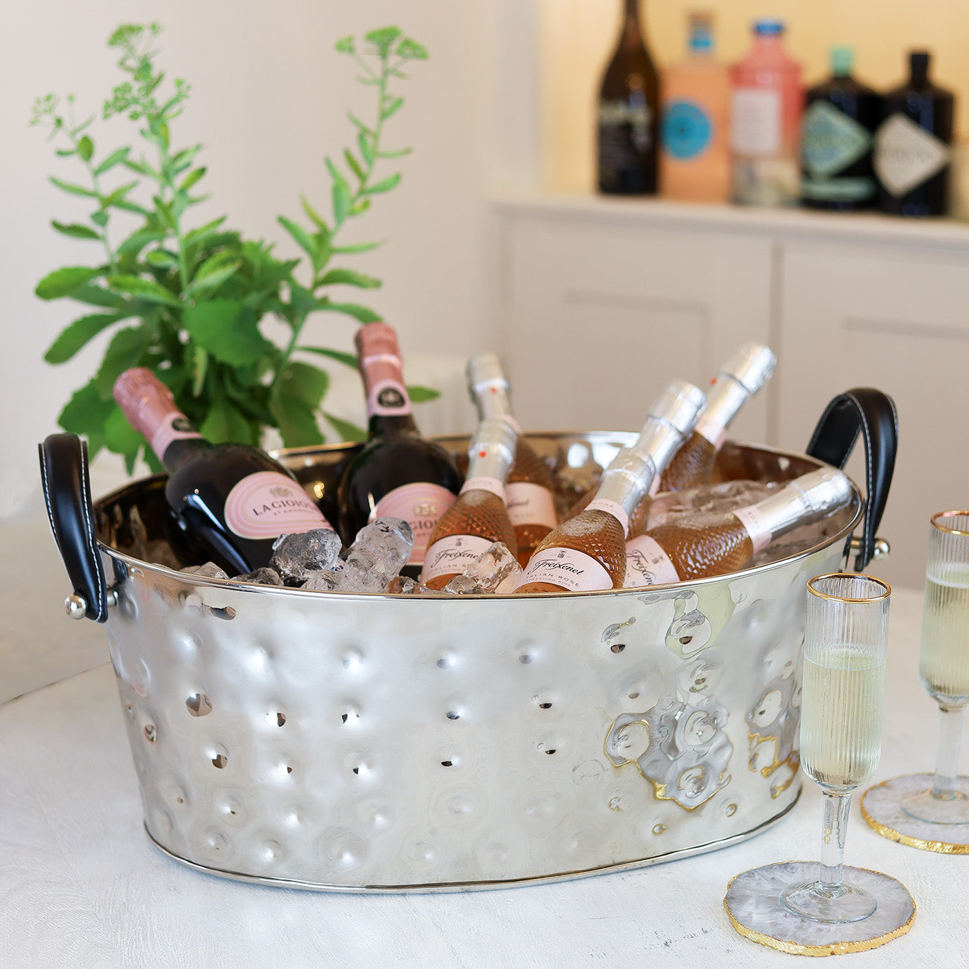 Champagne Bath with Black Leather Handles