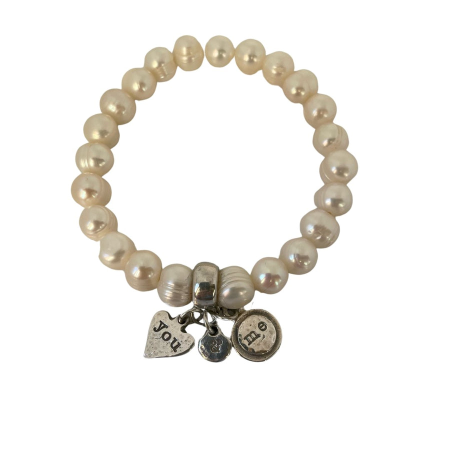 Pearl Bracelet with Engraved Sterling Silver Charms: You & Me