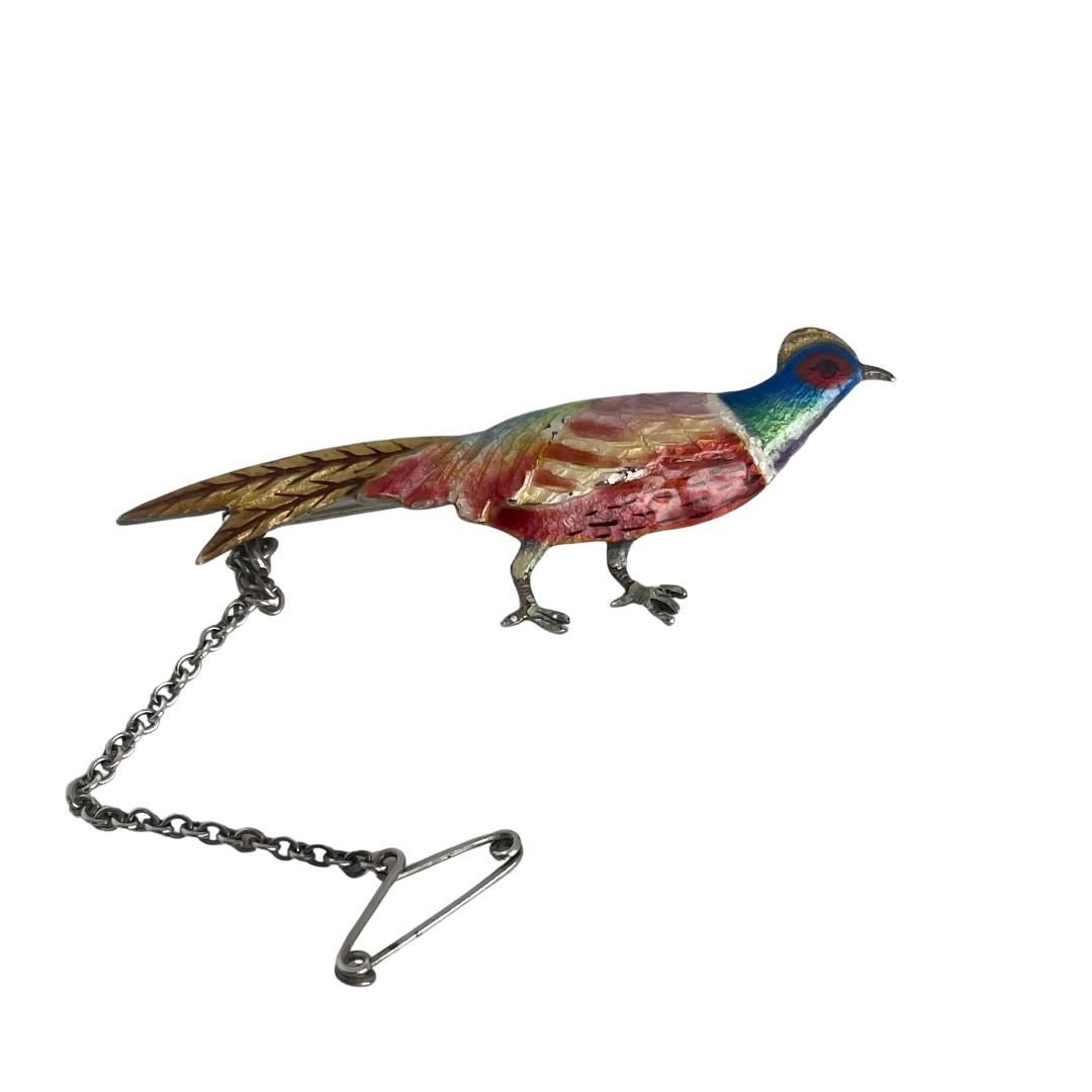 Vintage Mid-Century Silver Enamel Pheasant Brooch