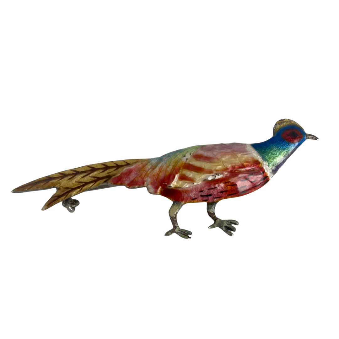Vintage Mid-Century Silver Enamel Pheasant Brooch