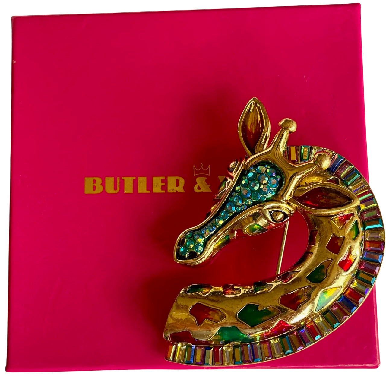 Vintage Butler & Wilson Crystal and Enamel Giraffe Head Brooch