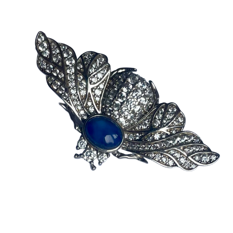 Sterling Silver Pavé Bee Brooch with Star Sapphire Cabochon