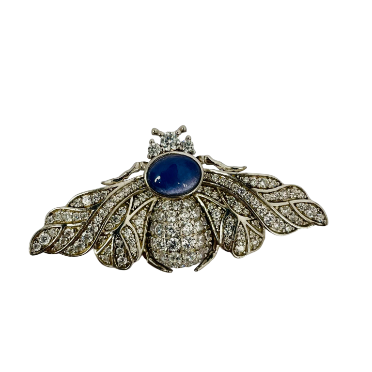 Sterling Silver Pavé Bee Brooch with Star Sapphire Cabochon