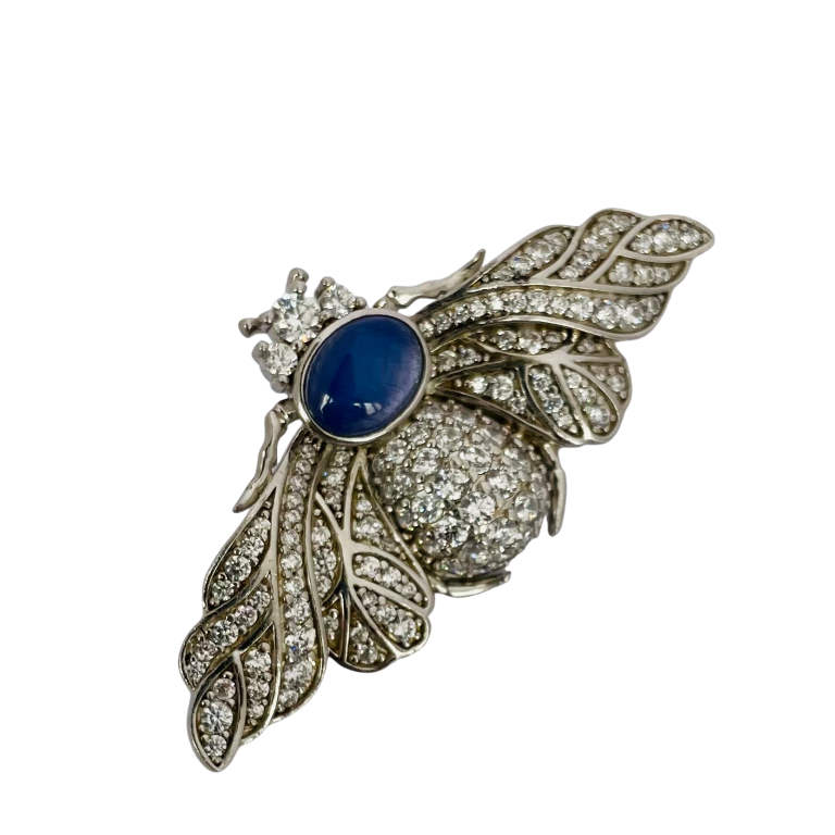 Sterling Silver Pavé Bee Brooch with Star Sapphire Cabochon