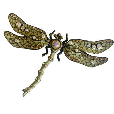 Vintage Joan Rivers Art Nouveau style Classics Collection large Dragonfly brooch celadon enamel AB crystals