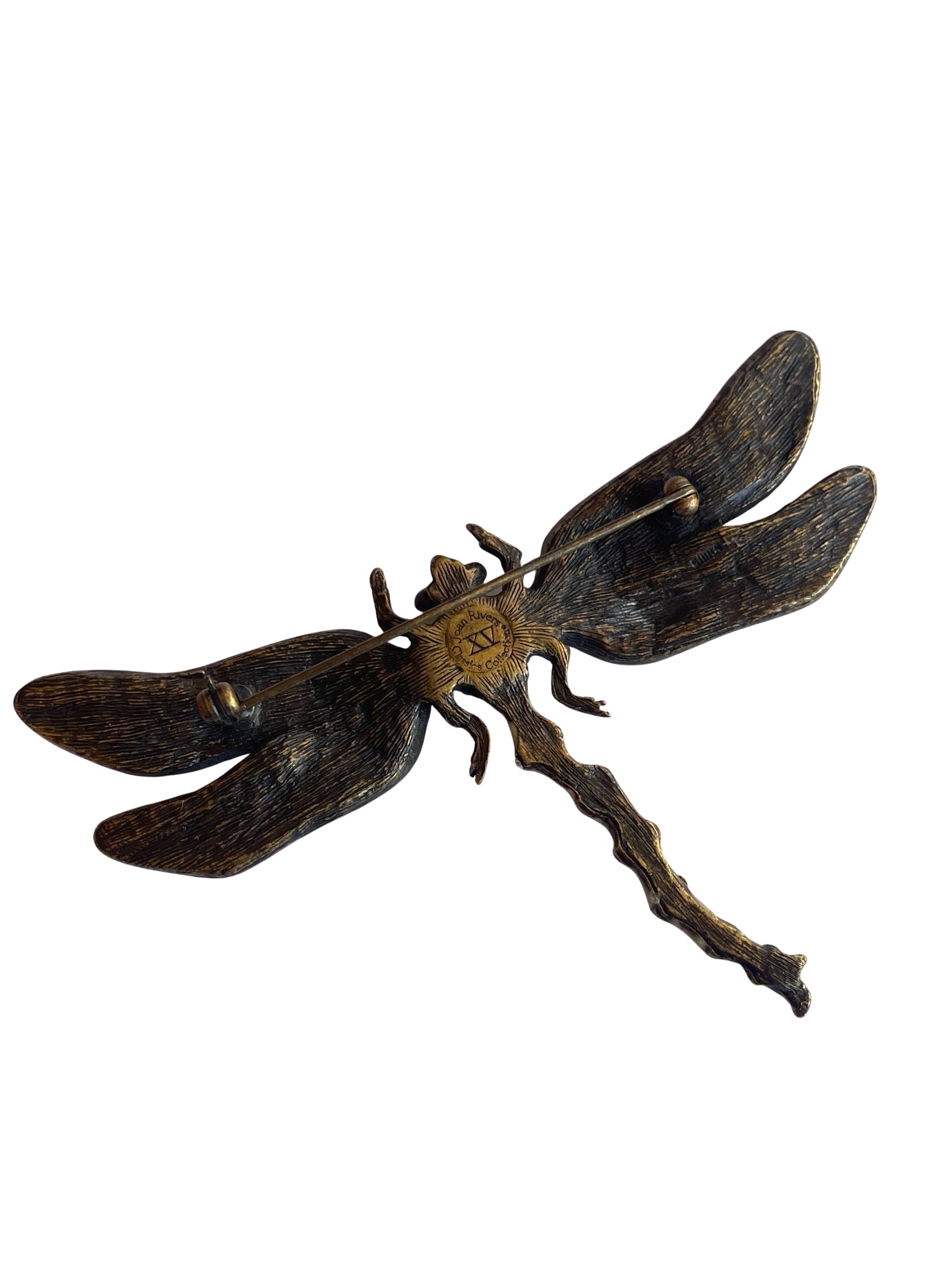Vintage Joan Rivers Art Nouveau style Classics Collection large Dragonfly brooch celadon enamel AB crystals reverse