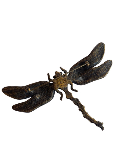 Vintage Joan Rivers Art Nouveau style Classics Collection large Dragonfly brooch celadon enamel AB crystals reverse