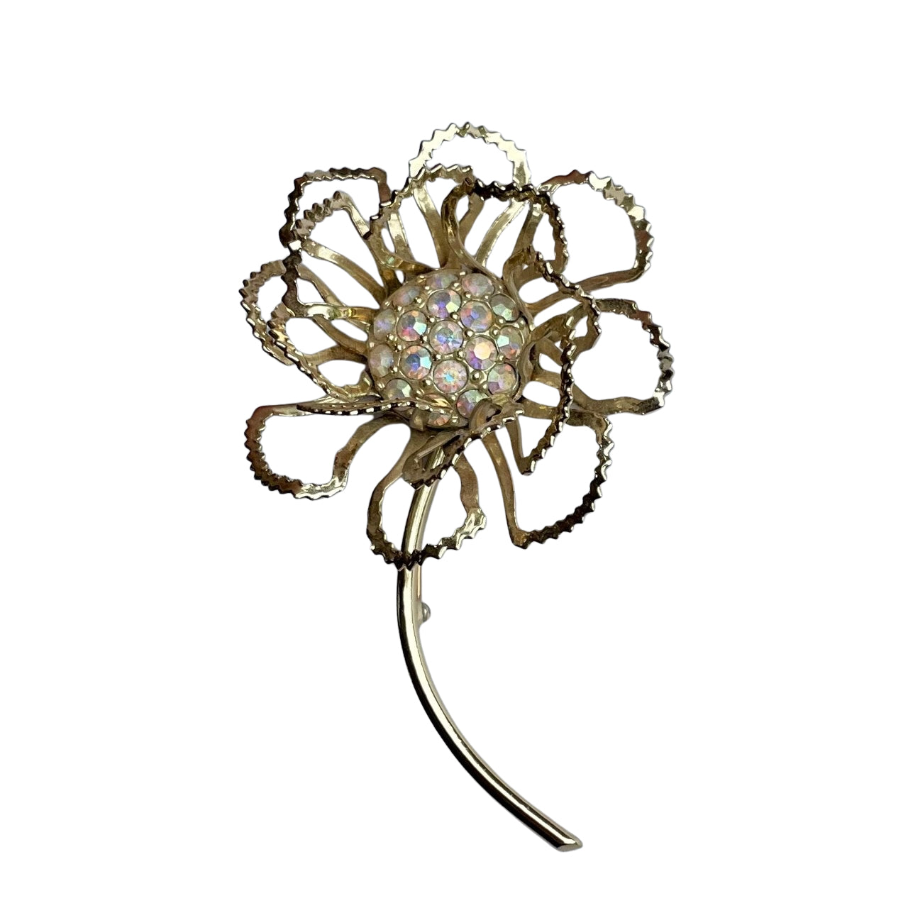 Vintage 1968 Sarah Coventry Allusion flower brooch with a long gold-plated stem and aurora borealis crystal centre