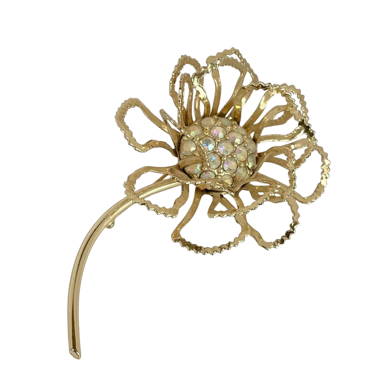 Vintage 1968 Sarah Coventry Allusion flower brooch with a long gold-plated stem and aurora borealis crystal centre