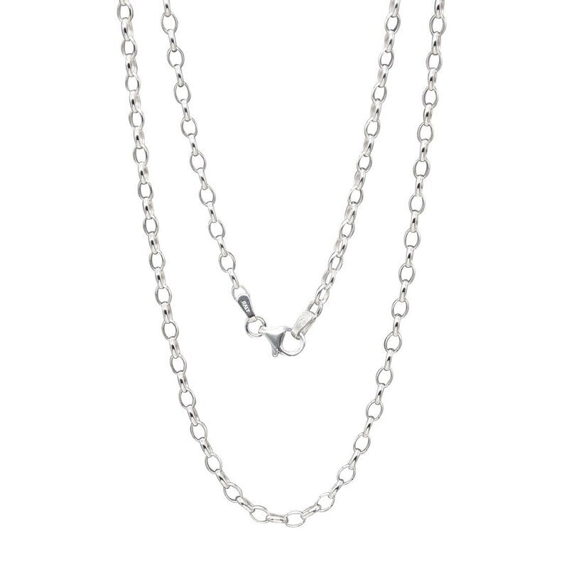 A silver-toned metal chain necklace with a lobster clasp, shown against a plain white background.