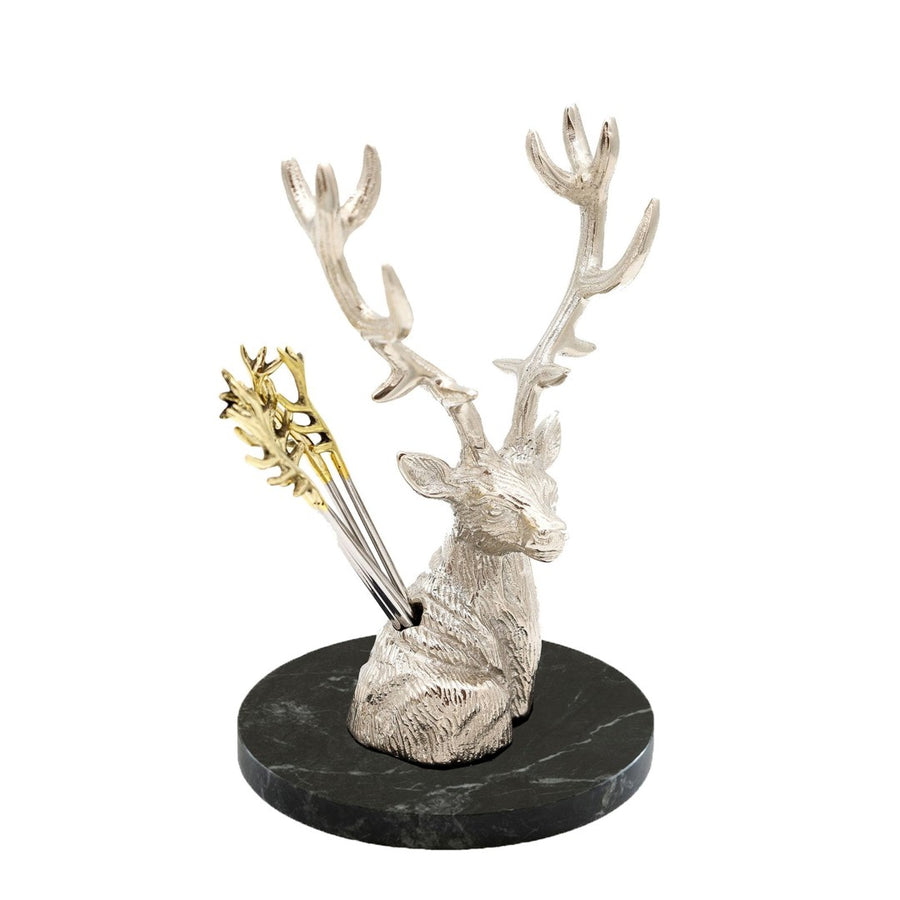 Set of Antler Picks with Stag Holder on Marble Base