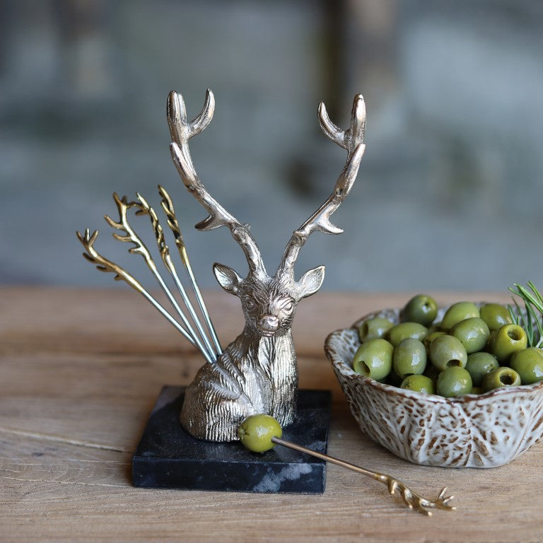Set of Antler Picks with Stag Holder on Marble Base