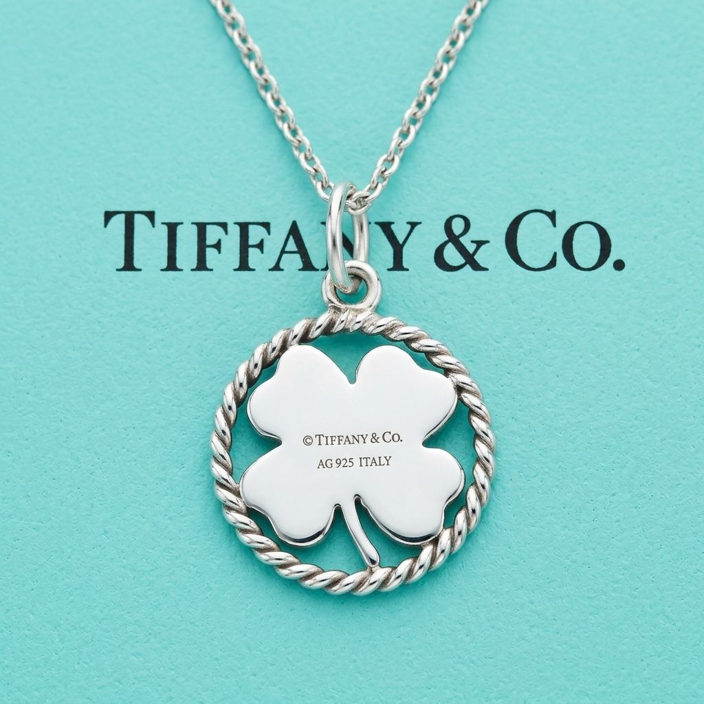 A polished silver four-leaf clover pendant by Tiffany and Co shown on Tiffany & Co box. The clover leaf is enclosed in a circular twisted wire rope border and features a silver jump ring at the top. The centre is engraved with the text copyright Tiffany and Co, AG 925 ITALY.