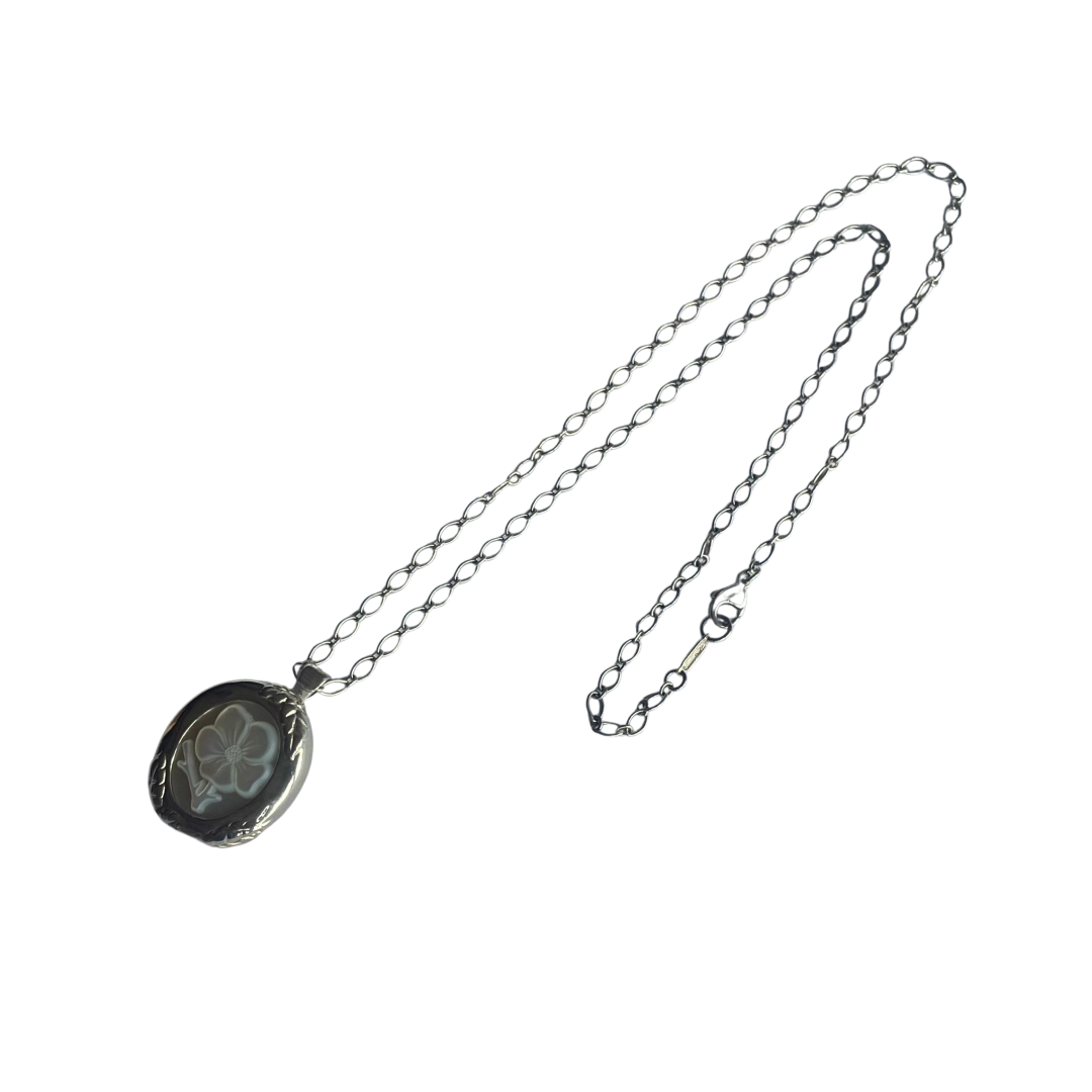 Rare Tiffany & Co. Nature Rose Sterling Silver Pearl Cameo Necklace/Brooch and Earrings, 2003