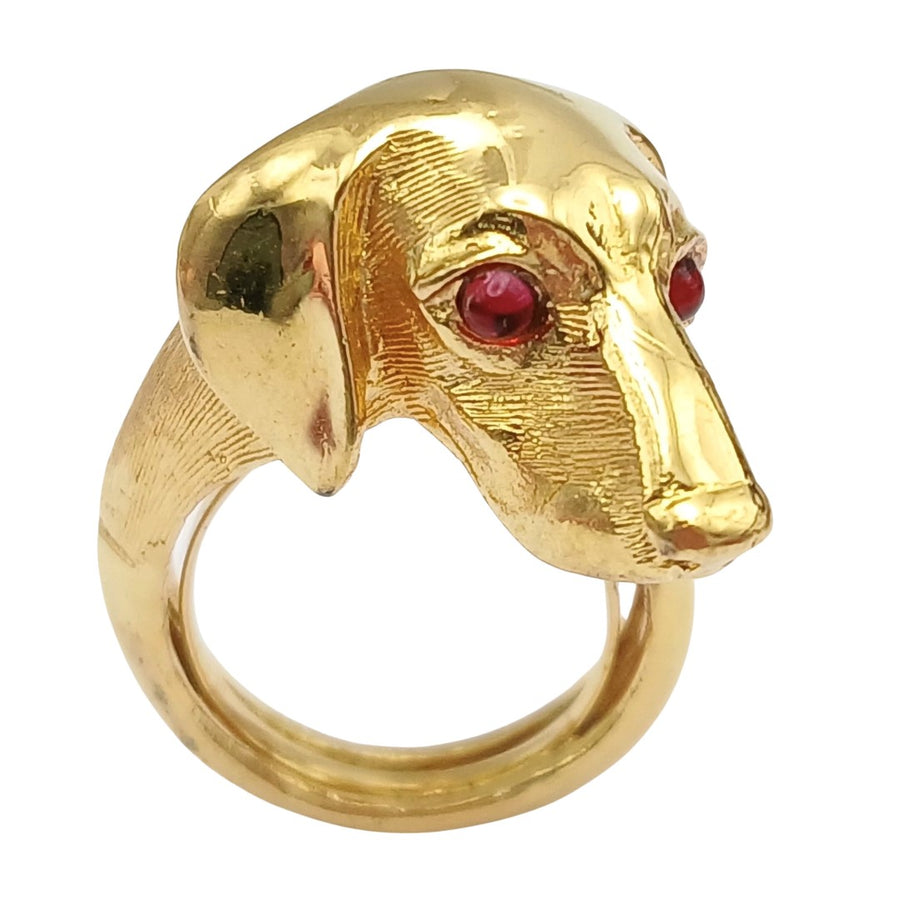 Vintage Crown Trifari figural dachshund ring in gold-tone Trifanium with red crystal eyes, flexible wrap style, 1950s–60s