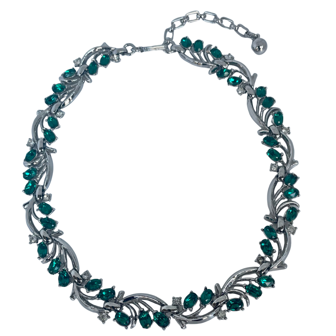 A Mid Century Vintage Crown Trifari  Green Crystal Necklace